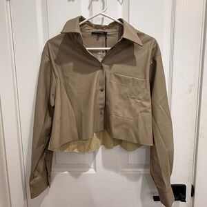 NWT Tan Faux Leather Cropped Button-Up Shirt